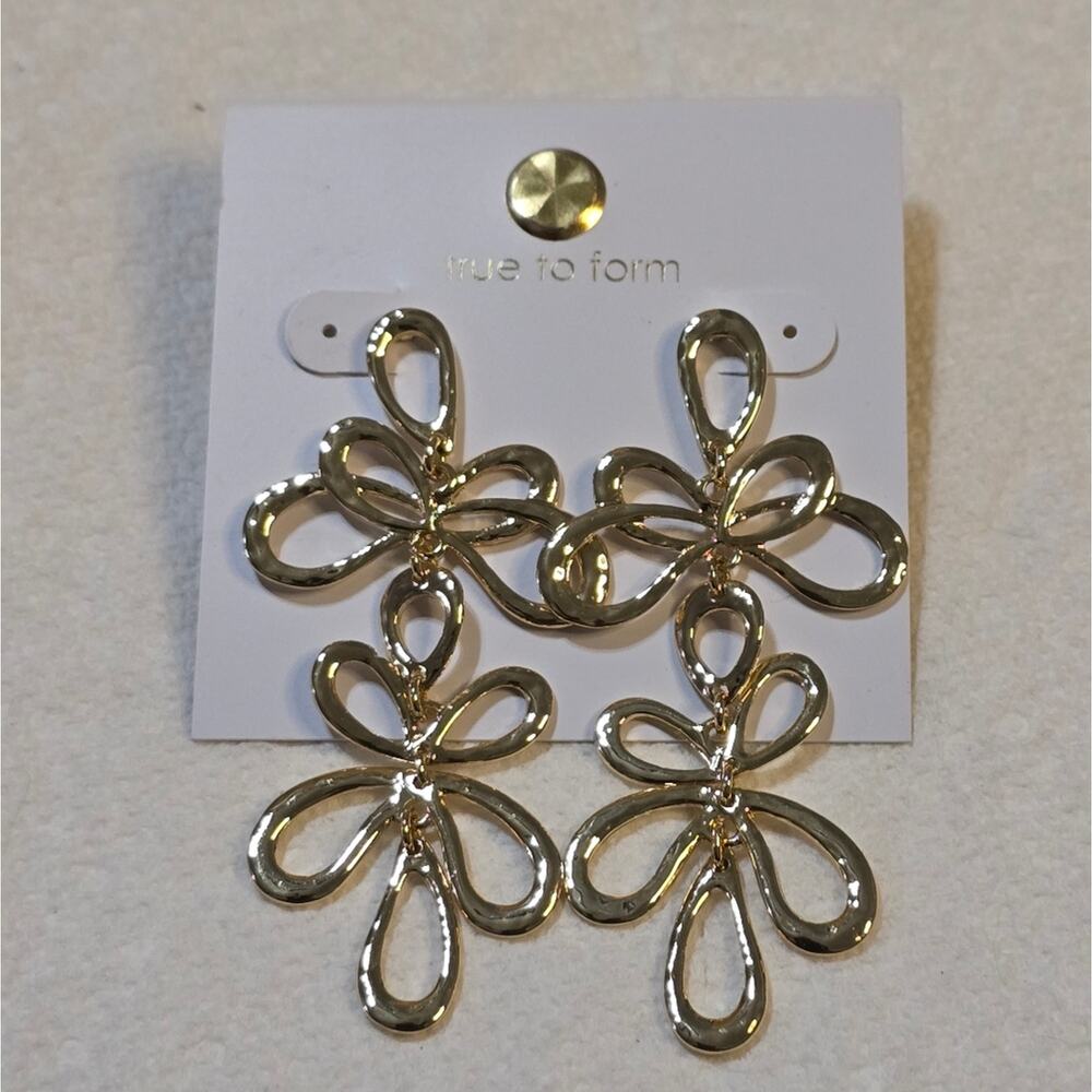 True to Form Gold Tone Statement Floral Chandelier Drop Earrings New!